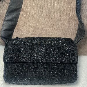 Black Beaded Floral Shoulder Bag